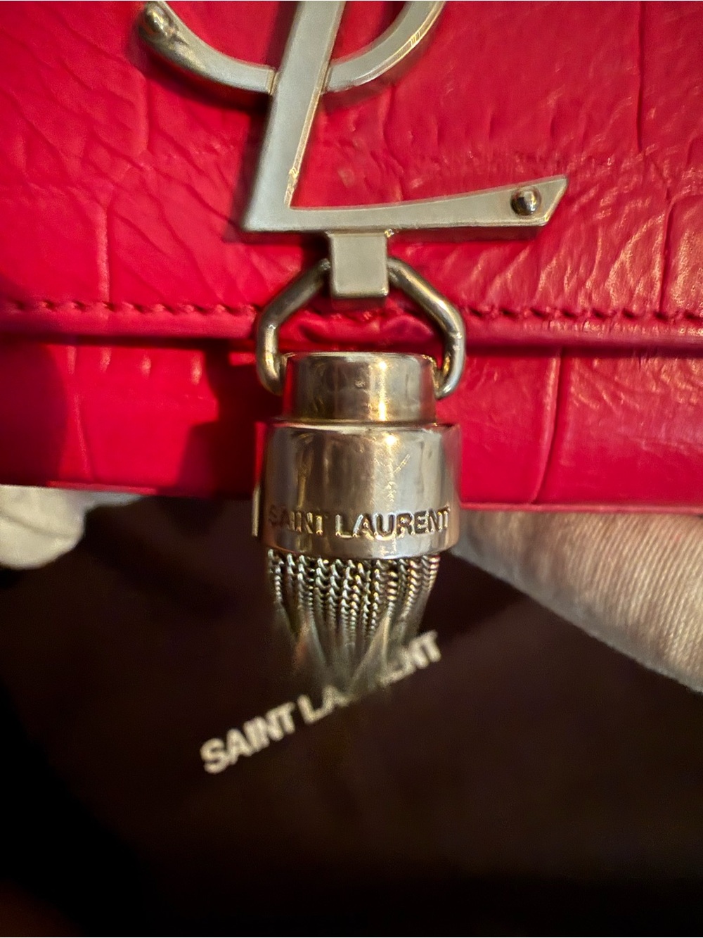 🔥Saint Laurent Fuchsia Croc-Embossed Kate Tassle Bag Small🔥 - Picture 12 of 17